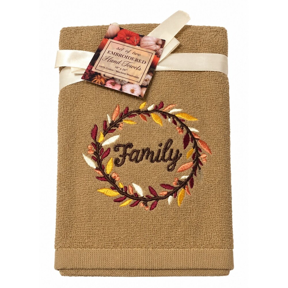 Thanksgiving Hand Towels Embroidered Bathroom Beige Harvest Family Fall Set of 2
